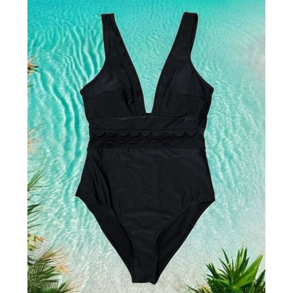 Cupshe One-Piece Swimsuit Black Scalloped V Neck Plunge Mesh Size S Bathing Suit - Picture 1 of 11